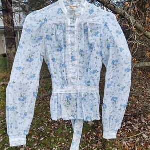 Gunne Sax White Blouse with Blue Floral Print